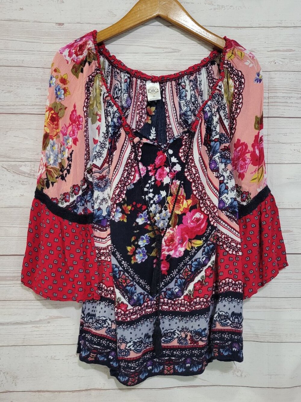 Bila Peasant Top Womens Small Patchwork Floral 100% Rayon Tassels Lace Trim Boho